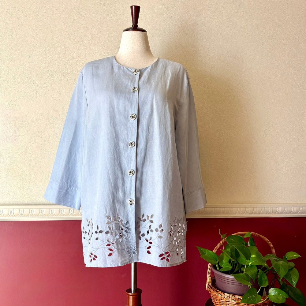 Vintage Field Manor Linen Blend Eyelet Tunic Top Blue Topper XL Artsy Coastal